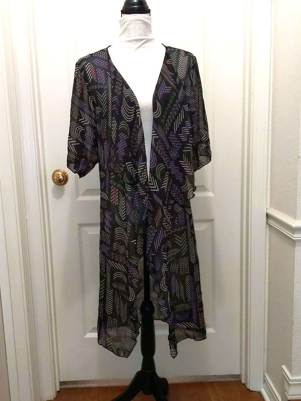 Sheer Black Kimono Duster Geometric Print Open Front Loose Size Small